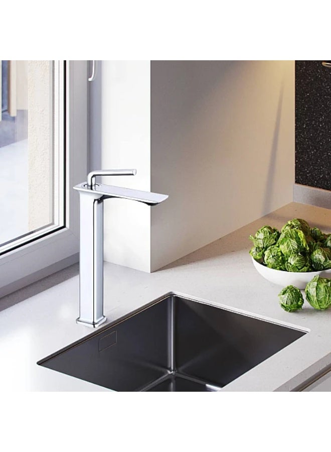 Long square sink mixer with a rounded chrome head and hoses - Image 1
